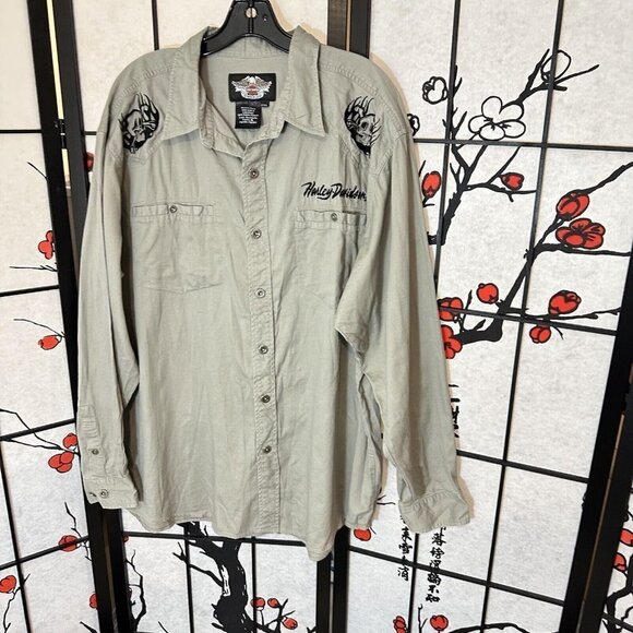 HARLEY DAVIDSON Gray Long Sleeve Button Down Embroidered Shirt Mens Size 2XL - Picture 5 of 5